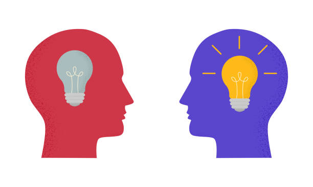 istock Vector illustration with two human heads and light bulbs on and off. Trendy concept of business, thinking, creativity, finding solution, idea. Symbol, icon with modern grain shadow 1301570061