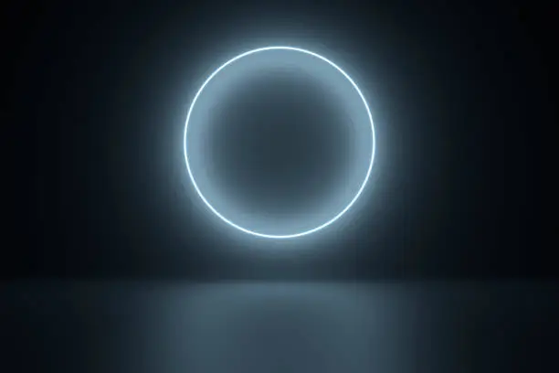 Photo of Modern empty abstract black background illuminated by white neon circle lights, 80's retro style
