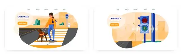 Vector illustration of Crosswalk landing page design, website banner vector template set. Blind woman with cane and guide dog crossing street.