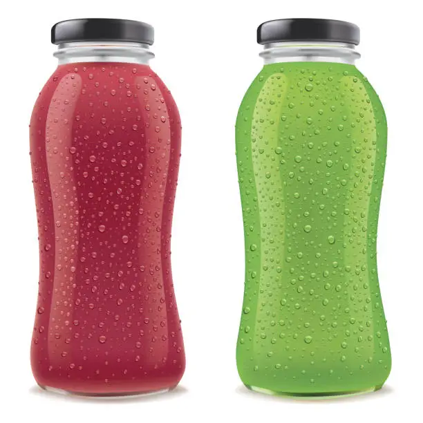 Vector illustration of Red and Green Juice bottles with many fresh ice drops. Transparent jar and packages for colored liquid food and drinks