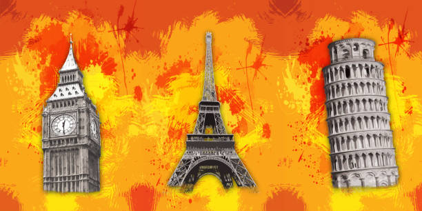 istock 3d illustration orange wallpaper and splash in background . black and white big ben , eiffel tower and pisa tower . suitable for wall frame 1301575428