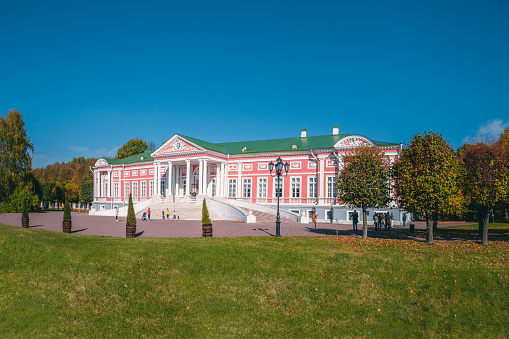 Moscow, Russia, september 30, 2020. Panoramic view of Kuskovo Park-the Estate of count Sheremetev. Popular tourist attraction in Moscow.