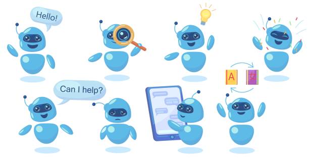 moderne niedliche chatbot in verschiedenen posen flache illustration set - roboter stock-grafiken, -clipart, -cartoons und -symbole