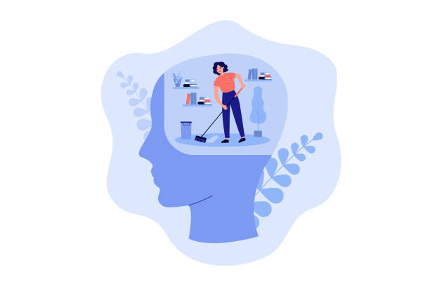 ilustrações de stock, clip art, desenhos animados e ícones de tiny person cleaning space inside human head - clear thinking