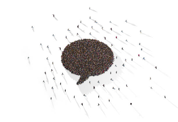istock Large Crowd of People Forming Speech Bubble Symbol on White Background 1301577615