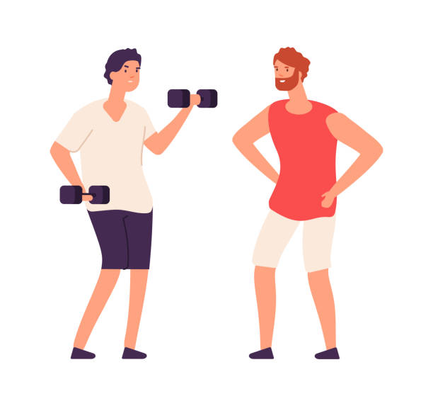 Sport guy swinging with dumbbells. Sporting workout with personal trainer. Isolated flat bodybuilder vector character Sport guy swinging with dumbbells. Sporting workout with personal trainer. Isolated flat bodybuilder vector character. Sport guy and fitness exercise workout illustration cartoon muscular man lifting heavy weights stock illustrations