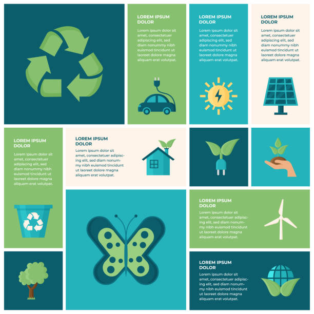ilustraciones, imágenes clip art, dibujos animados e iconos de stock de diseño plano de la red infográfica de energías renovables - recycling environment recycling symbol environmental conservation