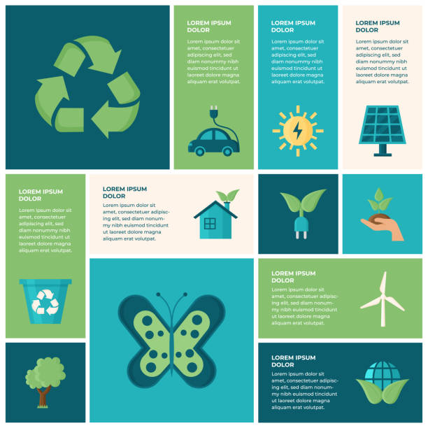 illustrazioni stock, clip art, cartoni animati e icone di tendenza di progetto piatto della rete infografica sulle energie rinnovabili - recycling environment recycling symbol environmental conservation