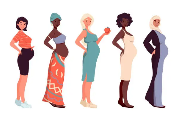 Vector illustration of Set of different pregnant women, dress, hijab, underwear. African american, arab woman, caucasian. Young beautiful multi-ethnic mothers of different nationalities. Diversity, multiethnic society.