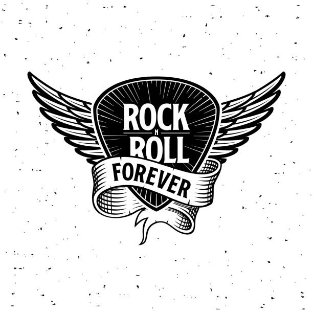 Rock and Roll forever plectrum, ribbon and wings Rock and roll sign. Rock and roll forever. Slogan for a t-shirt or tattoo. Poster with plectrum, ribbon and wings. Vector illustration hardcore music style stock illustrations