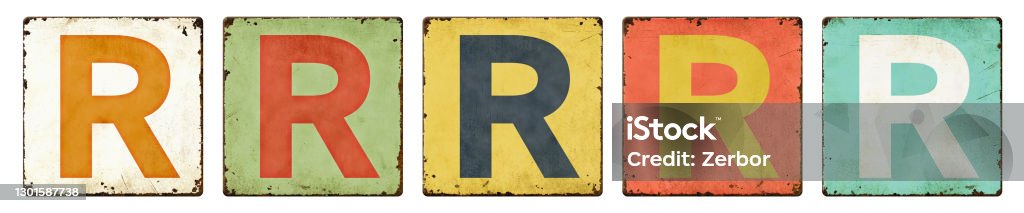 Five vintage tin signs on a white background - Letter R Letter R Stock Photo