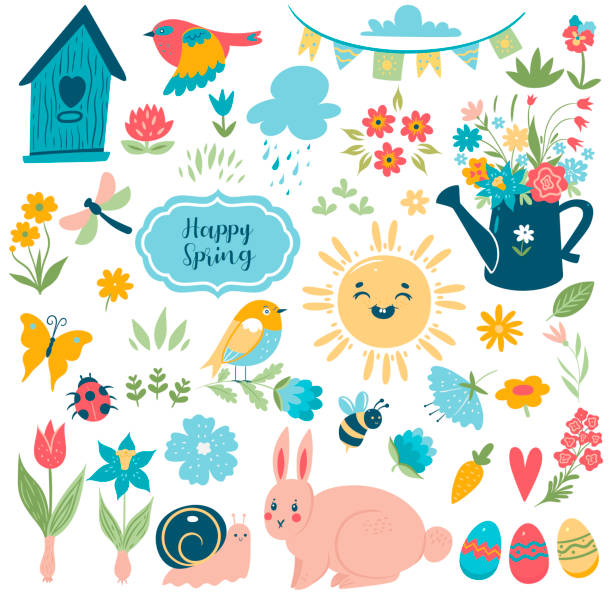 ilustrações de stock, clip art, desenhos animados e ícones de spring easter set of elements - flowers, birds, eggs, rabbit, sun, insects isolated on white background. vector graphics. - decoration eggs leaf easter