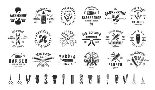 ilustraciones, imágenes clip art, dibujos animados e iconos de stock de barbershop, barber, haircut's salon vintage hipster plantillas de logotipos hipster. 18 logotipos y 16 elementos de diseño para barbería, peluquería. plantillas de emblemas de barbería. ilustración vectorial - barbero peluquero