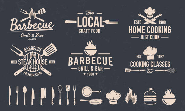 BBQ and Cooking Class emblem set.   6 emblems and 15 elements for own design. Cooking and Kitchen logo with knives, chef hat. Grill logo with Fork and Spatula. Vector illustration Vector illustration chef borders stock illustrations