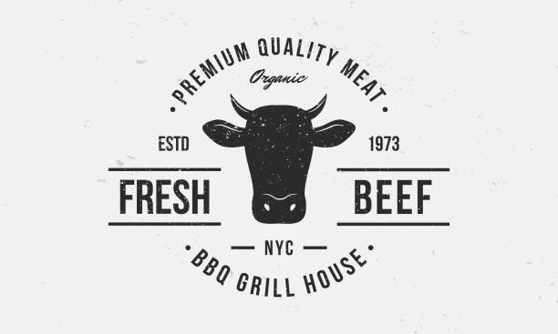 Beef, Cow logo. BBQ grill logo with Cow Head. Vintage typography.  Fresh Beef trendy logo template for barbecue, steak house, grill, butchery and meat shop. Vector illustration Vector illustration aberdeen angus cattle stock illustrations