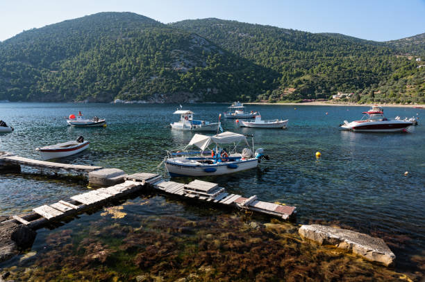 Various boats in a small harbor of Skyros island, Greece
