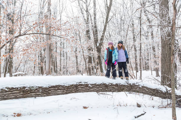 istock Two Girls Standing on Fallen Tree in Snowy Woods 1301590637