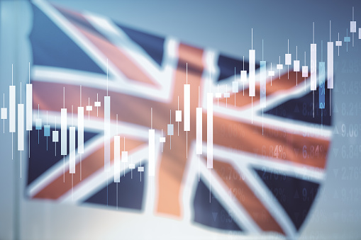 Multi exposure of virtual creative financial chart hologram on British flag and blue sky background, research and analytics concept
