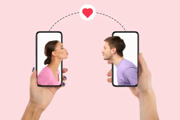 Photo of Young couple kissing using smartphones, creative collage