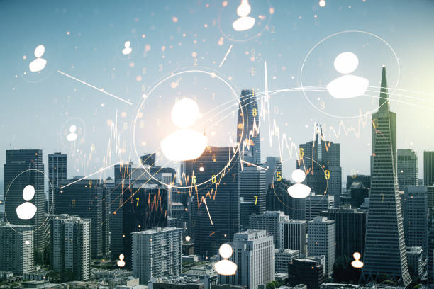 istock Abstract virtual social network hologram on San Francisco cityscape background. Double exposure 1301590795