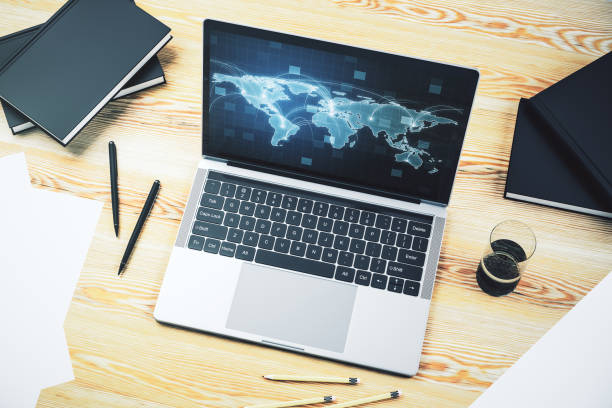 istock Computer monitor with abstract graphic digital world map with connections, globalization concept. 3D Rendering 1301590835