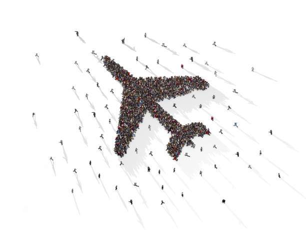 Large Crowd of People Forming Plane Symbol on White Background