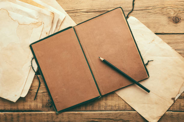 istock Vintage paper. Old notepad on a wooden background. Copy space 1301595076