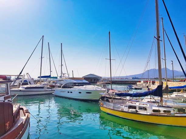 Yachts in the marina at Gordon's Bay, east of Cape Town, South Africa Beautiful harbor scene in Gordon's Bay, near Cape Town. gordons bay stock pictures, royalty-free photos & images