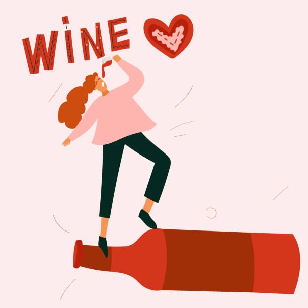 ilustrações, clipart, desenhos animados e ícones de uma garota feliz bebe um gole de vinho enquanto está em cima de uma garrafa de vinho vazia. a palavra vinho escrito à mão - alcohol drop cartoon cheerful