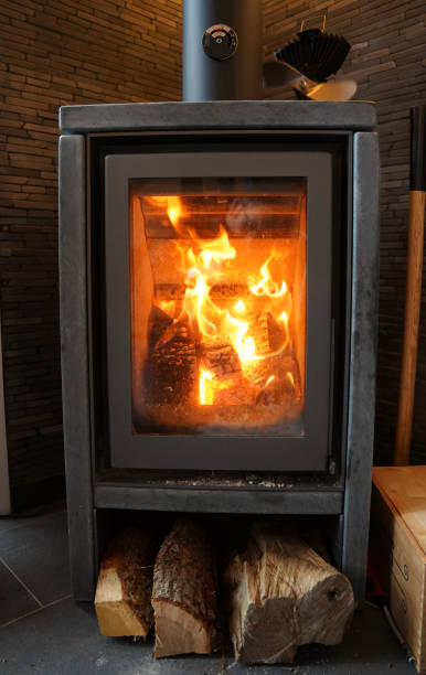 istock Fireplace with burning fire wood in it 1301599156