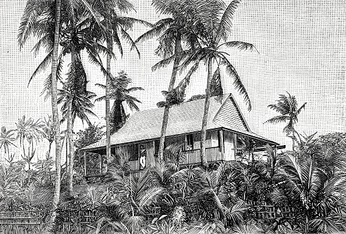 The Carolines are an archipelago in the island area of Micronesia in the westernmost part of the Pacific Ocean. The islands and archipelagos of the Caroline Islands are widely scattered between the Philippines in the west and the Marshall Islands in the east. Illustration from 19th century