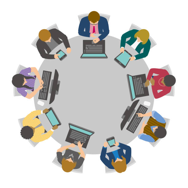Business people having online meeting or video conference at virtual round table Virtual conference table with business people using digital devices. directly above illustrations stock illustrations
