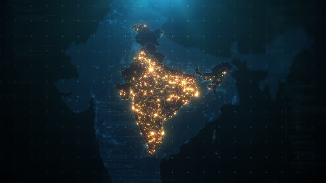 Night Map of India with City Lights Illumination