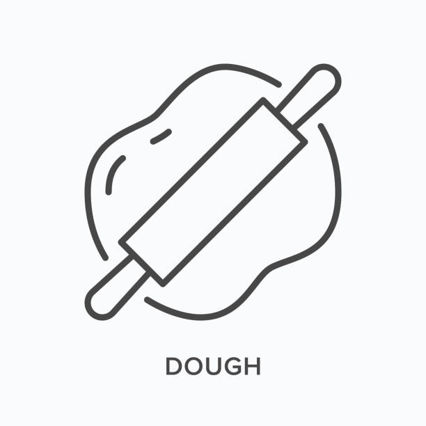 Dough flat line icon. Vector outline illustration of rolling pin and flour. Black thin linear pictogram for bakery equipment Dough flat line icon. Vector outline illustration of rolling pin and flour. Black thin linear pictogram for bakery equipment. rolling dough stock illustrations
