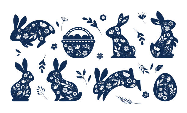 Happy Easter, decorated Easter card, banner. Bunnies, Easter eggs, flowers and basket. Folk style patterned design. vector art illustration
