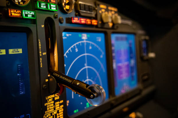 airliner landing gear lever - cockpit dashboard airplane control panel imagens e fotografias de stock