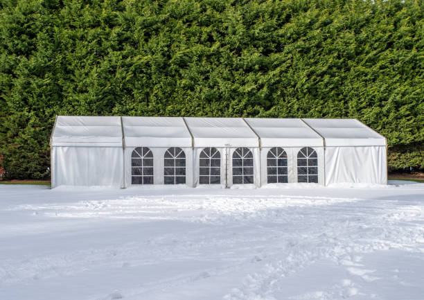 Large white tent marquee in the snow