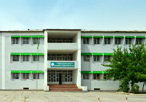 Bayramaly, Mary Region, Turkmenistan: 'City Health House' - regional hospital and clinic - Azady Street - Säher Saglyk Öýi.