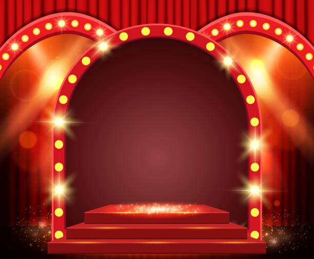 istock Background with red curtain, arch banner and spotlights. Design for presentation, concert, show 1301608117