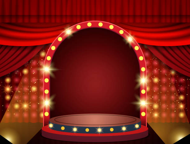 istock Background with red theatre curtain, retro arch banner and podium 1301608296