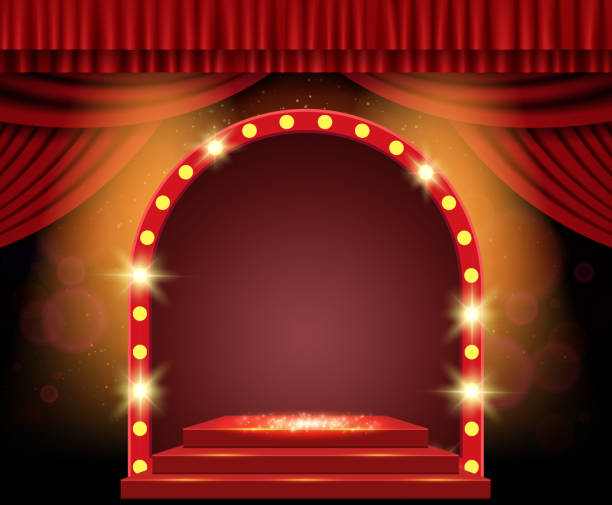 istock Background with red curtain, podium, arch banner and spotlights. Design for presentation, concert, show 1301608370