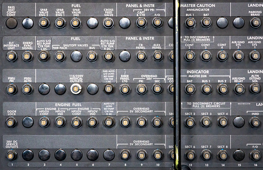 A close up photo of an airliner circuit breaker panel