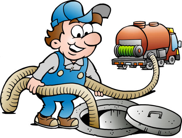 ilustrações, clipart, desenhos animados e ícones de ilustração de vector cartoon de um mestre do esgoto feliz handyman - sewage truck