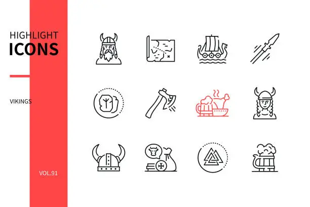 Vector illustration of Vikings - modern line design style icons set