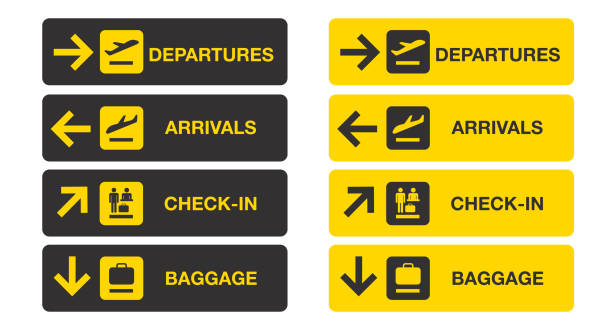 흰색 배경에 격리 된 공항 표지판. - airport arrival departure board airport check in counter airplane stock illustrations