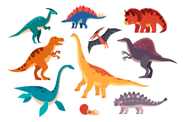 Different dinosaurs - set of flat design style animals Different dinosaurs - set of flat design style animals on white background. Pteranodon, stegosaurus, parasaurolophus, brachiosaurus, ankylosaurus, spinosaurus, triceratops, elasmosaurus, T-rex images pteranodon stock illustrations