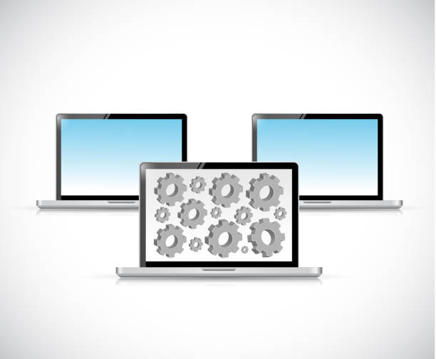 istock Set of laptops and gears illustration design 1301612704