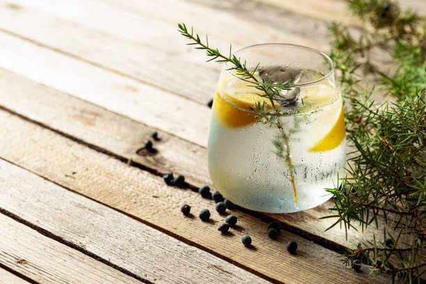 Alcohol drink (gin tonic cocktail) with lemon, juniper branch, and ice on rustic wooden table. stock photo