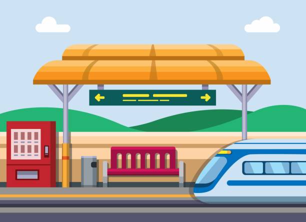 bildbanksillustrationer, clip art samt tecknat material och ikoner med tågstationen koncept i tecknad platt illustration vektor - travel by train