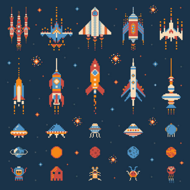 Vintage 8 bit Space Game Icon Set Pixel art vintage space game set with UFO invaders, spaceships, rockets, aliens, stars and planets. Alien shooter, galaxy battle video game. Nostalgic arcade elements from the 8-bit gaming era. space exploration stock illustrations